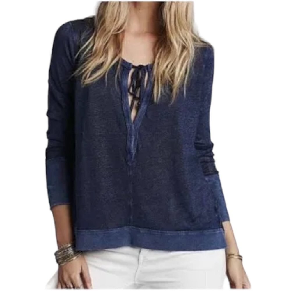 Free People Affogato Hacci Blue Linen Blend Top Small